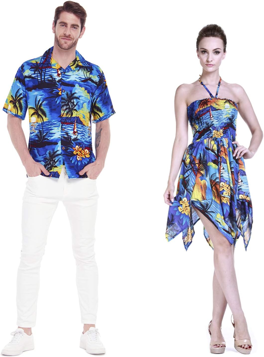 Couple Matching Hawaiian Luau Aloha Shirt Gypsy Dress in SunBlue