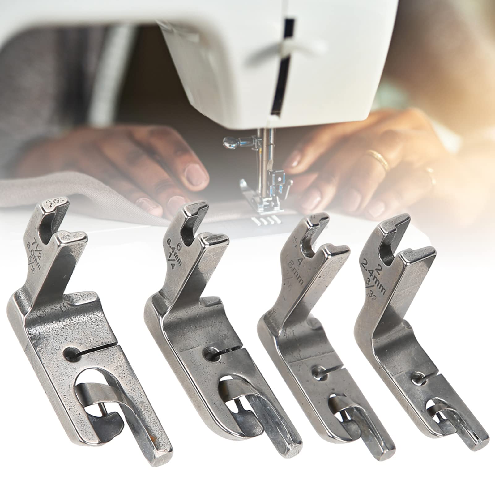 Lot de 4 Pieds-de-biche à Ourlet Roulé en Acier Inoxydable, Accessoires pour Machine à Coudre Industrielle