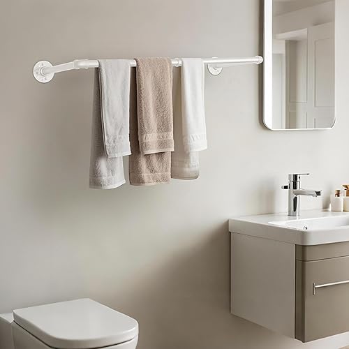 Miniatura 7 de AddGrace Paquete de 2 percheros de tubería industrial para montar en la pared, color blanco, perchero resistente para colgar ropa, estante multiusos