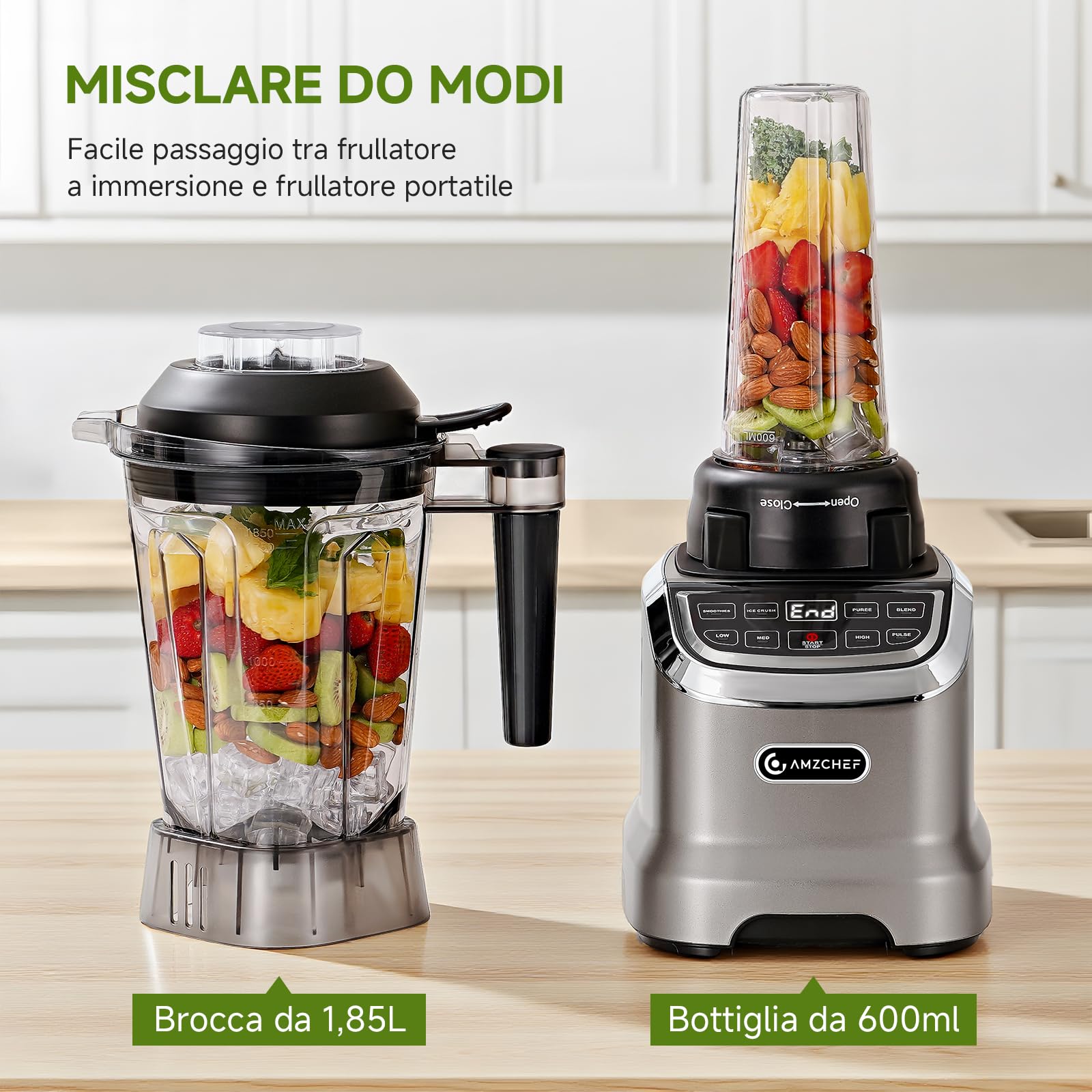 AMZCHEF Batidora de Vaso 2 in 1 con due contenitori di miscelazione, Frullatore Professionale ad alte prestazioni, 1800 Watt, 1,85 litri e 600 ml, blender professionale per smoothie con 6 lame