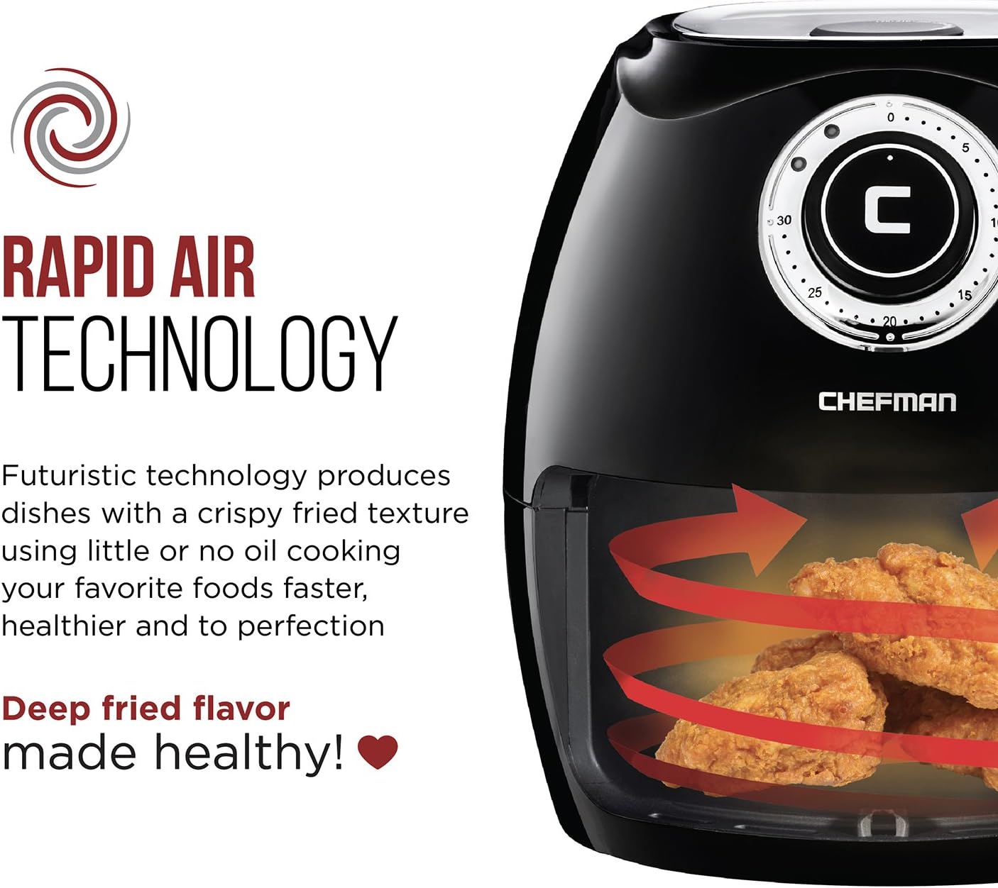 Chefman 2.6 Liter/2.7 Quart Air Fryer with Adjustable Temperature Control for the Perfect Result in Frying a Variety of Foods, Cool-to-Touch Exterior, Recipe Booklet Included, Black