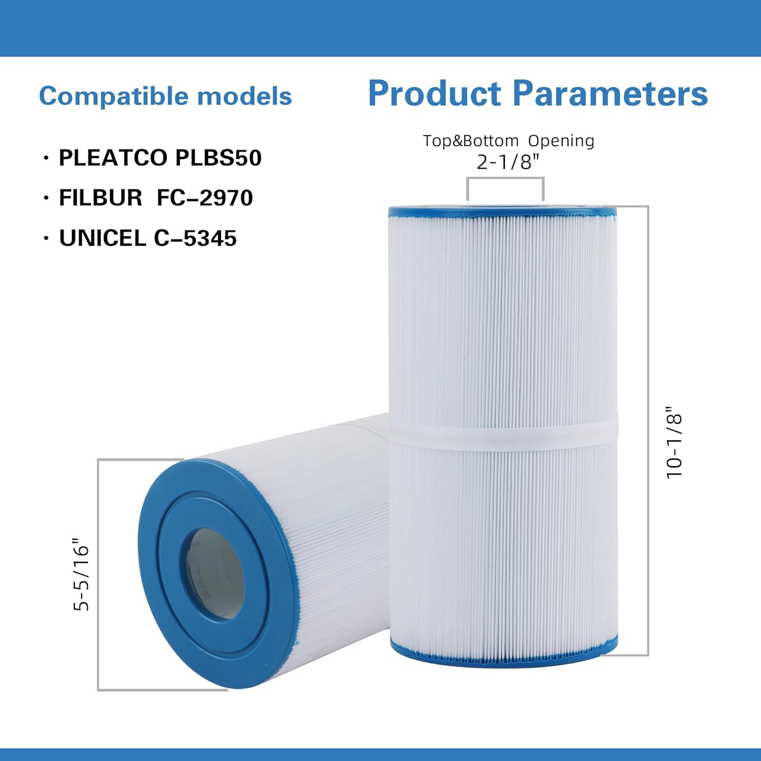 C-5345 Spa Filter, Compatible with PLBS50, Filbur FC-2970, 817-0014, R173584, 173584, X268519, 10419, 14513, 50451, S2/G2 Spa, 5x10 Drop-in Hot Tub Filter, 2PACK