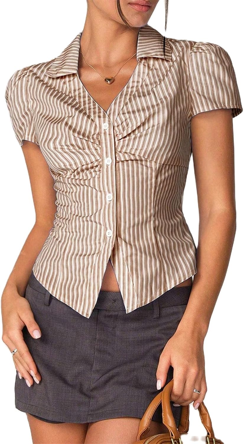 Women Button Down Slim Fit Shirt Vintage Lapel Waisted Short Sleeve T-Shirt Summer — Style 2