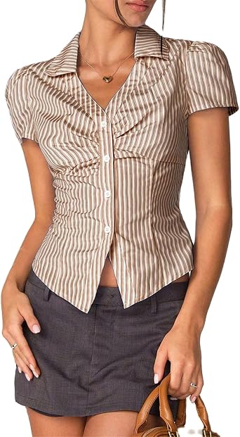 Women Button Down Slim Fit Shirt Vintage Lapel Waisted Short Sleeve T-Shirt Summer Collared Office Top