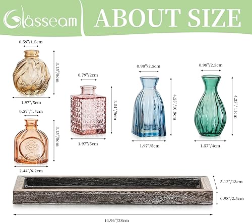 Miniatura 2 de Glasseam Jarrones de cristal para flor 5 coloridos jarrones pequeños con bandeja de madera rústica para el hogar, oficina, sala de estar, baño,