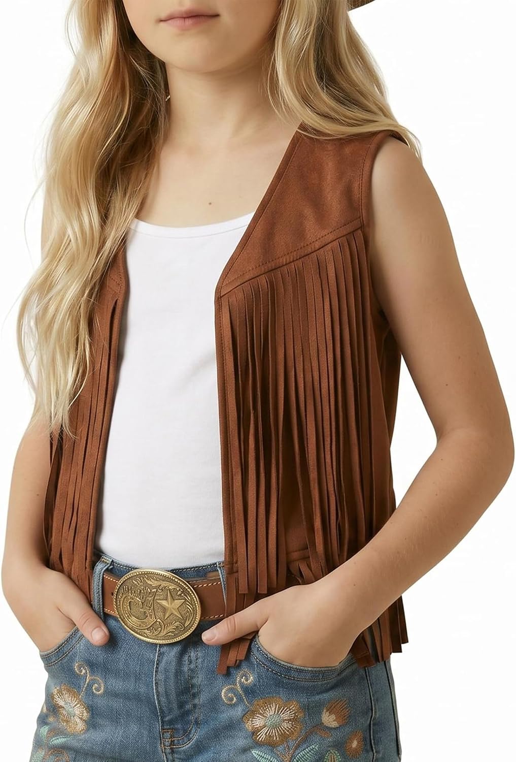Girls Faux Suede Fringe Vest Sleeveless Boho Tassels Jacket Cardigan Western Cowgirl Top