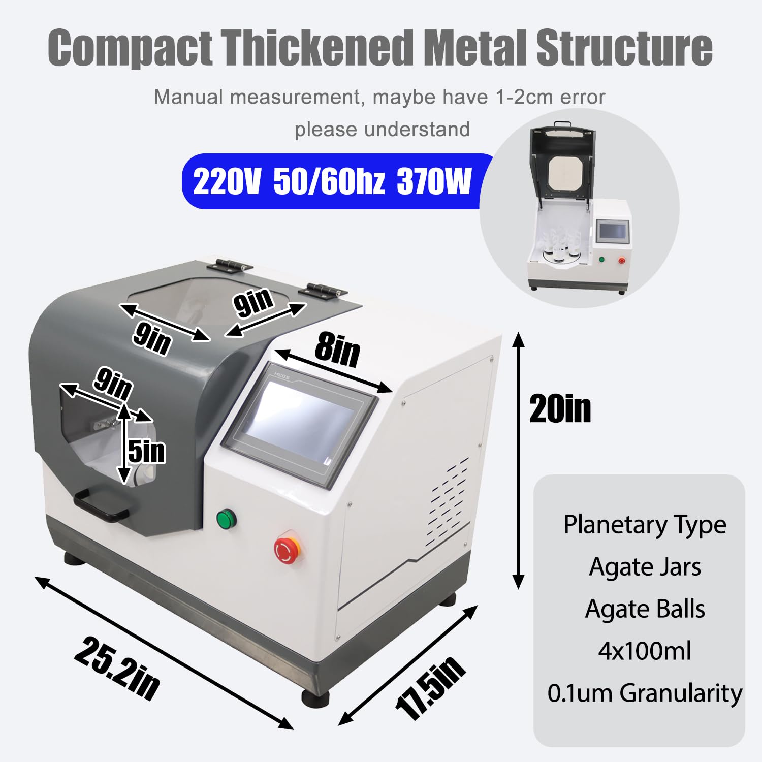 220V 370W Planetary Ball Mill Machine 0.1 Micron Powder Grinder with 4x100ml Agate Jars & Balls Planetary Type for Laboratory Dry Wet Grinding Milling, Sample Preparation, Chemical Research