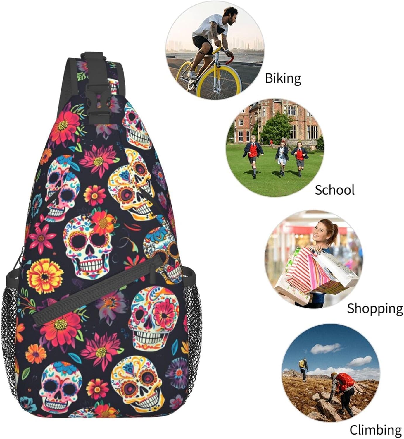 Colorfully Sugar-Skull Sling Backpack Hiking Backpack Crossbody Bag Sports Lightweight And waterproof Chest Bag Shoulder Bag For Women Men