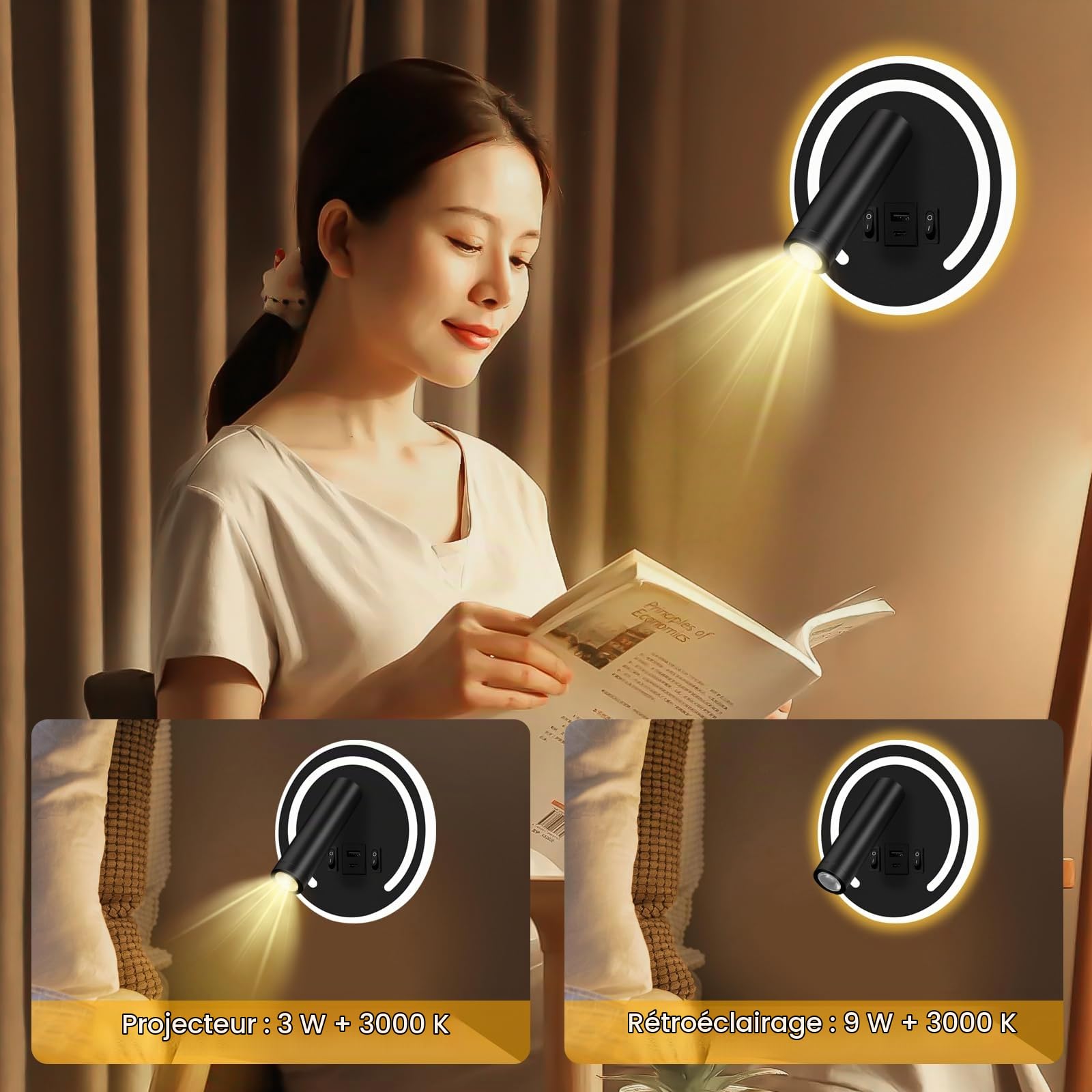 HUIZHOU applique liseuse 3W + 9w LED lampe de lecture, port de charge USB, lampe de chevet rotative 3000k pour chambre à coucher, escalier, couloir, Bureau (Rond noir)