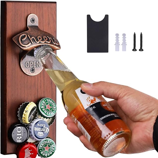 DIFCUL Bottle Opener Wall Mounted, Beer Bottle Opener with Magnetic Refrigerator Sticker, Retro Wooden Zinc Alloy Bottle Opener Automatic Clamping Bottle Cap, Gift for Mens/ Husbands/ Fathers