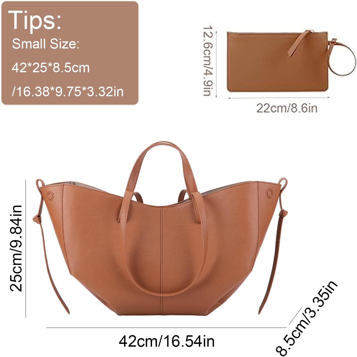 Genuine Leather Vintage Shoulder Bag Large Capacity Tote Bag for Women Chic Leather Tote Handbag with Matching Clutch Set, Camel Small