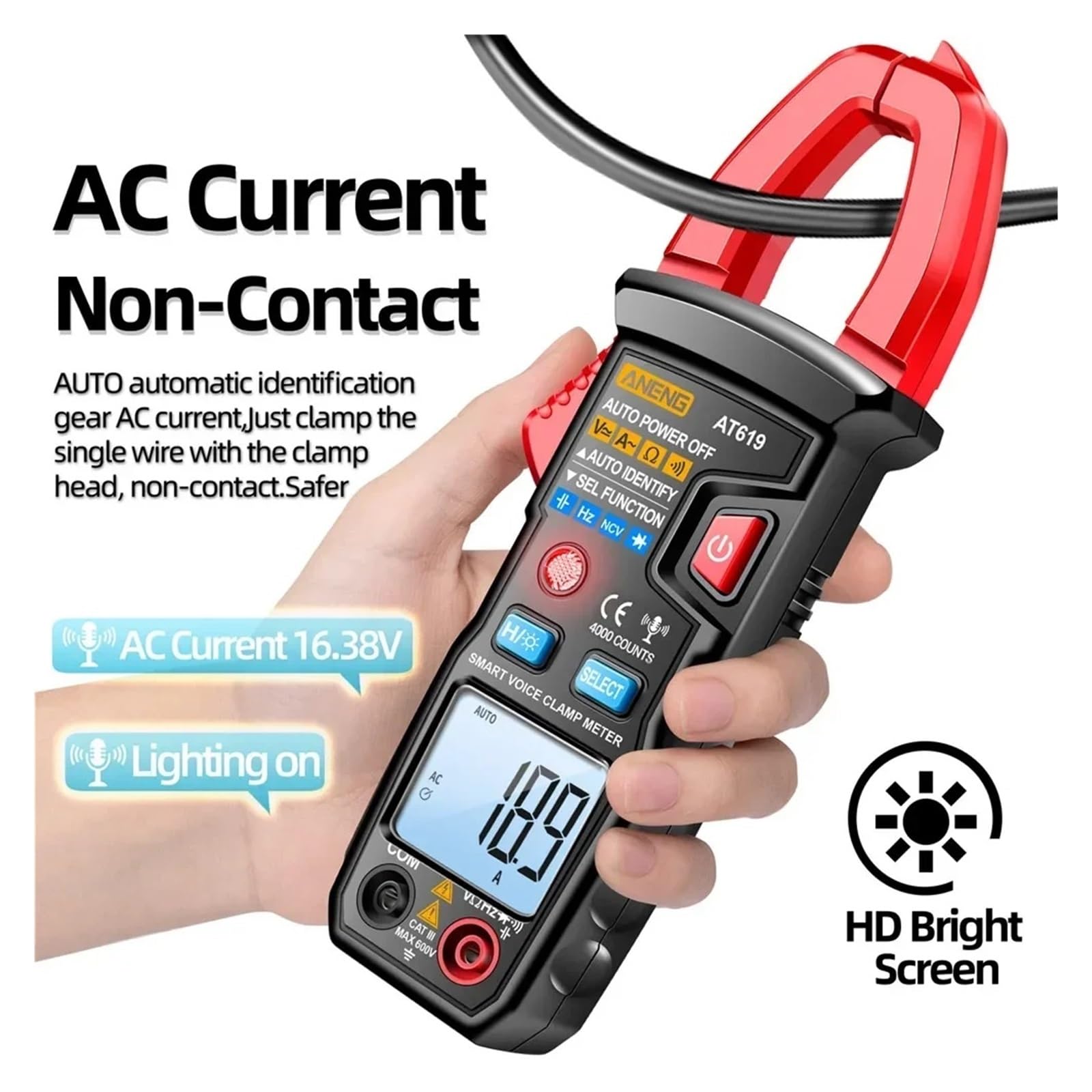 AT619 Smart Clamp Meter Voice Broadcast Multimeter 600A AC Current Voltage Tester Ammeter Capacitance NCV Ohm Test Tool(Red(no battery))