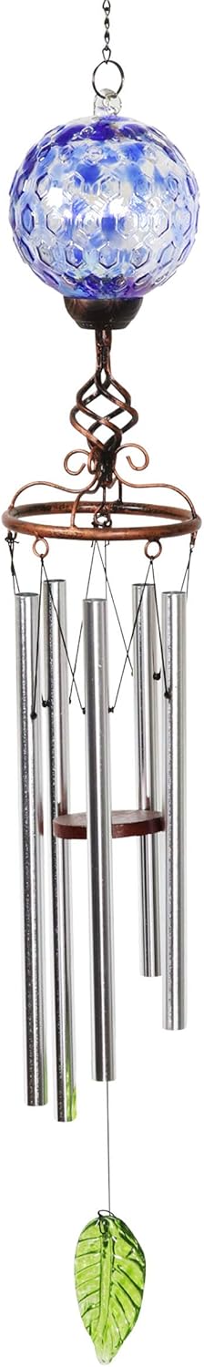 Exhart Wind Chimes, Solar LED Outdoor Garden Lighting, Blue Glass and Metal Wind Chime Lawn and Yard Decoration with Bronze Metal Finial, 5 x 46.5 Inch