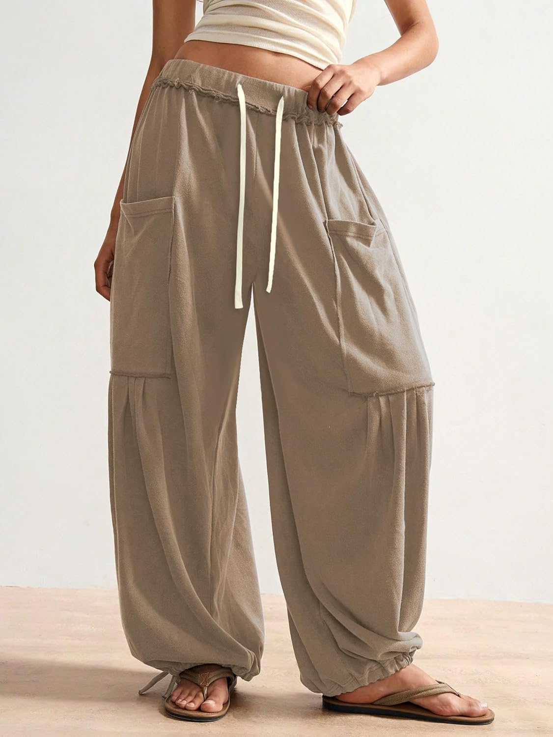 ZAFUL Boho Casual Pants for Women Baggy Pant Ruched Flowy Bottom Elastic Drawstring Waist Trouser with Pockets - Image 2