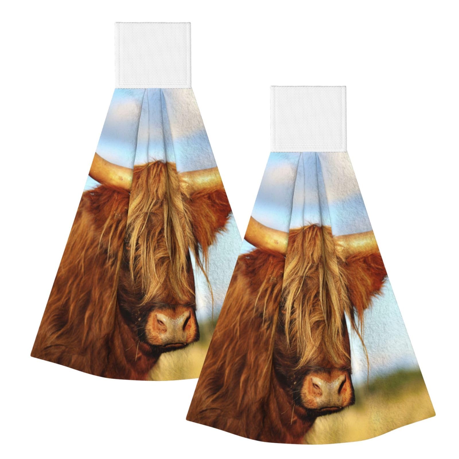 DOPKLNA Highland Cow Printed, 2 Pcs Hanging Coral Fiber Hand Towels for Bathroom, Absorbent Kitchen Towels