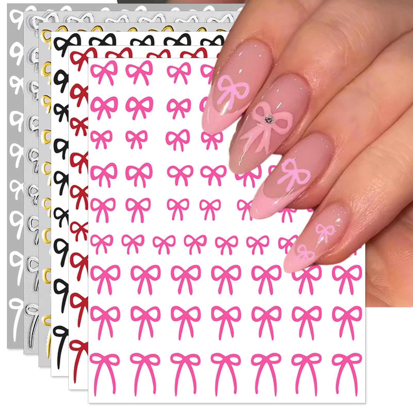 IDDFEVE Bow Nail Art Stickers - Colorful Big Bow Self-Adhesive Nail Decals for DIY Valentines Day Manicure (6 Sheets)