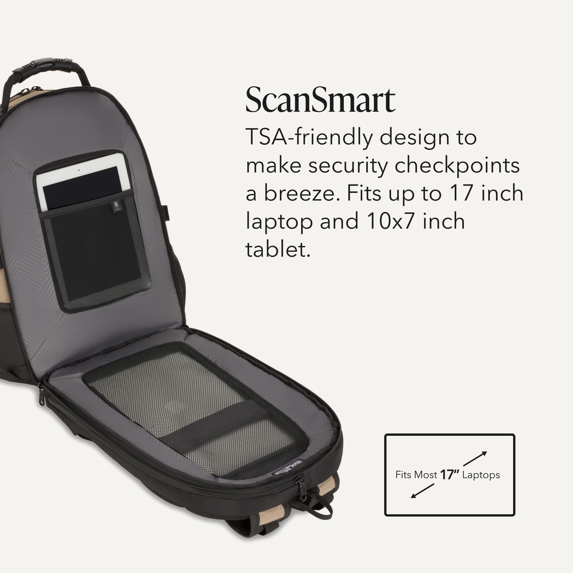 SWISSGEAR 1900 ScanSmart Laptop Backpack, Fits Most 17-Inch Laptops, TSA-Friendly Lay-Flat Design, RFID Protection, and Tablet Pocket, Black, 31L, 18.5-Inch view 3