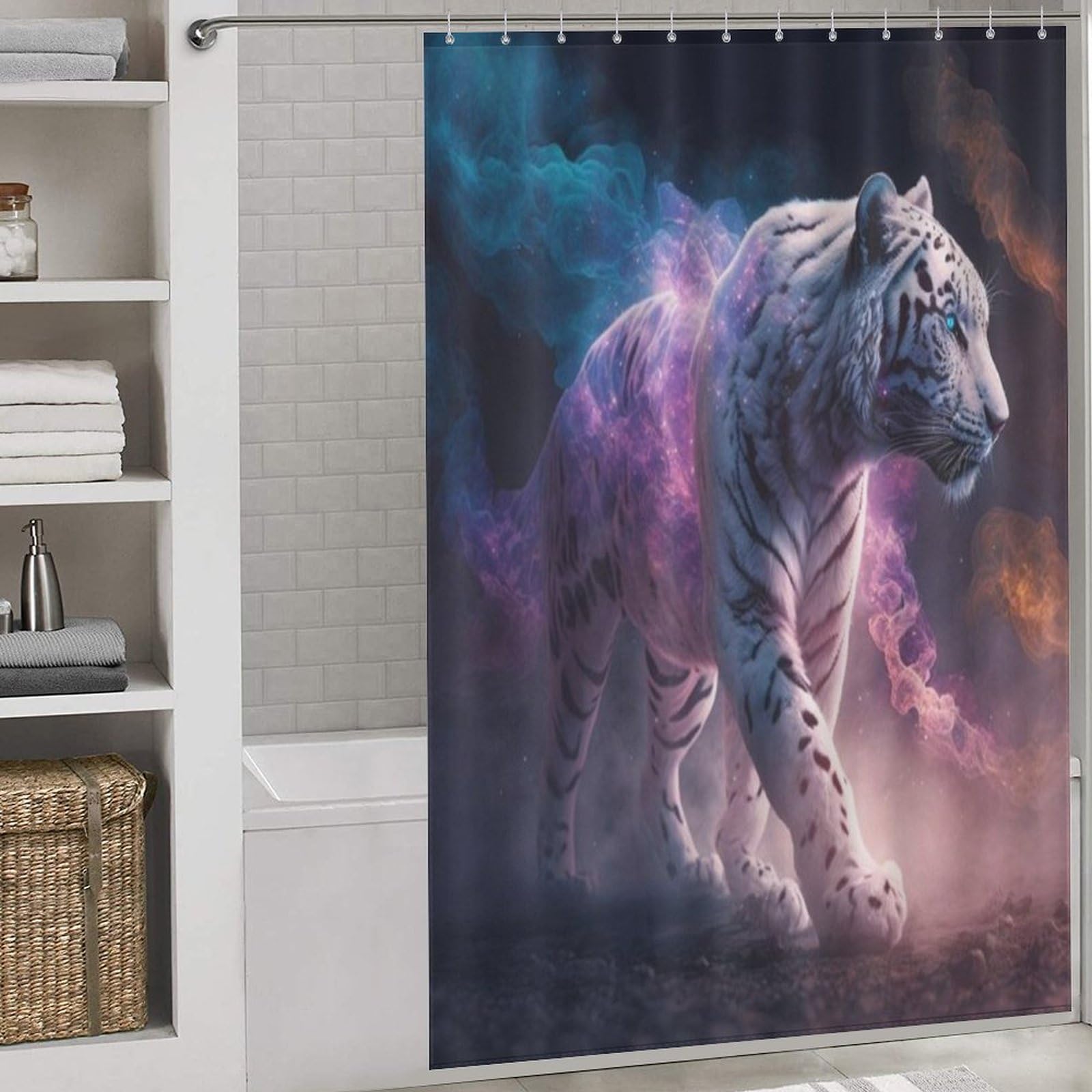 Rideau de douche tigre anti-éclaboussures en polyester lavable pour baignoire d'angle