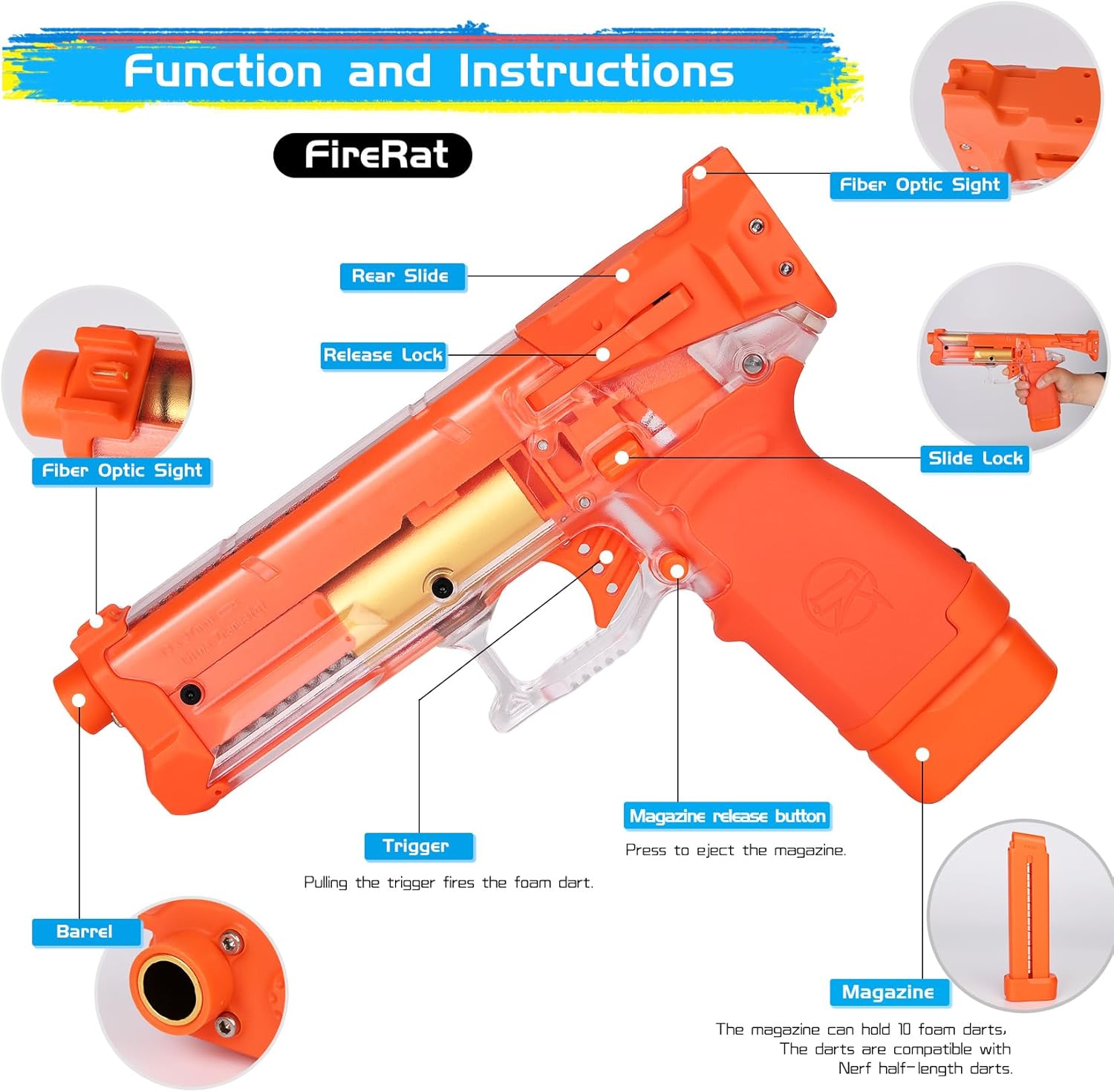 Zhenweiqi Fire Rat Soft Dart Blaster, Premium Half Dart Blaster Soft Bullet Blaster for Adults, Teens Includes Magazine & 20 Half-Length Darts, Toy Pistol Blaster 82 ft Range S200 (Orange)