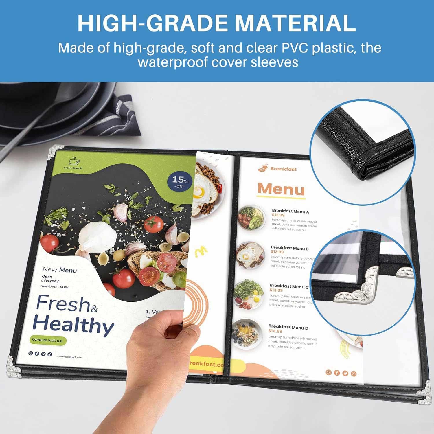 WenYa Fundas de menú A4 (paquete de 20), 4 páginas, 8 vistas, soportes para menús estilo cafetería, borde negro, cubierta transparente para menú de vino con protectores de esquina de metal, se adapta