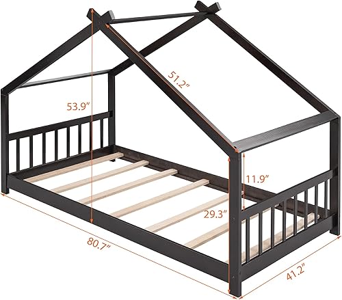 Miniatura 2 de Merax Camas Montessori de madera para niños con cabecero, marco de cama de suelo para niños y niñas, no necesita somier (individual, espresso)