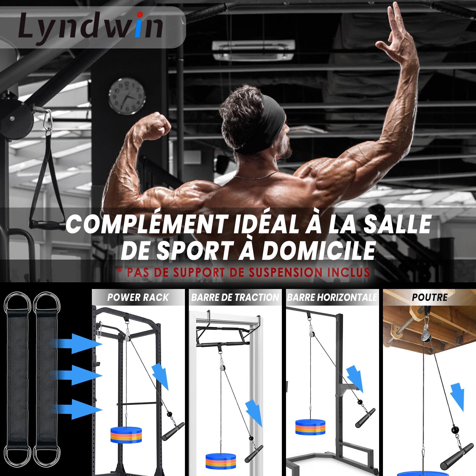 Poulie Musculation, Fitness DIY LAT Pulldown Machine Systeme Maison Musculation Kit avec Double Corde Poignet Poulie Haute et Basse pour Triceps Biceps Curl Dos Epaules de Sport à Domicile