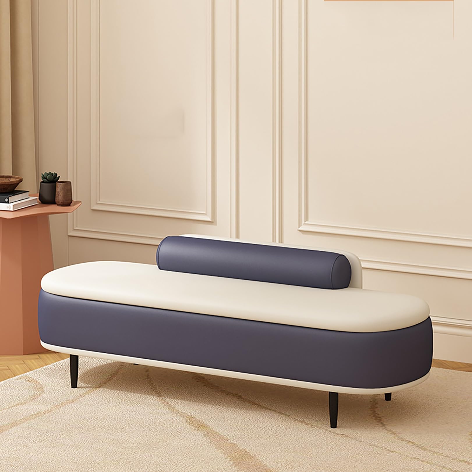 Pouf de rangement bleu et blanc meuble polyvalent 80cm
