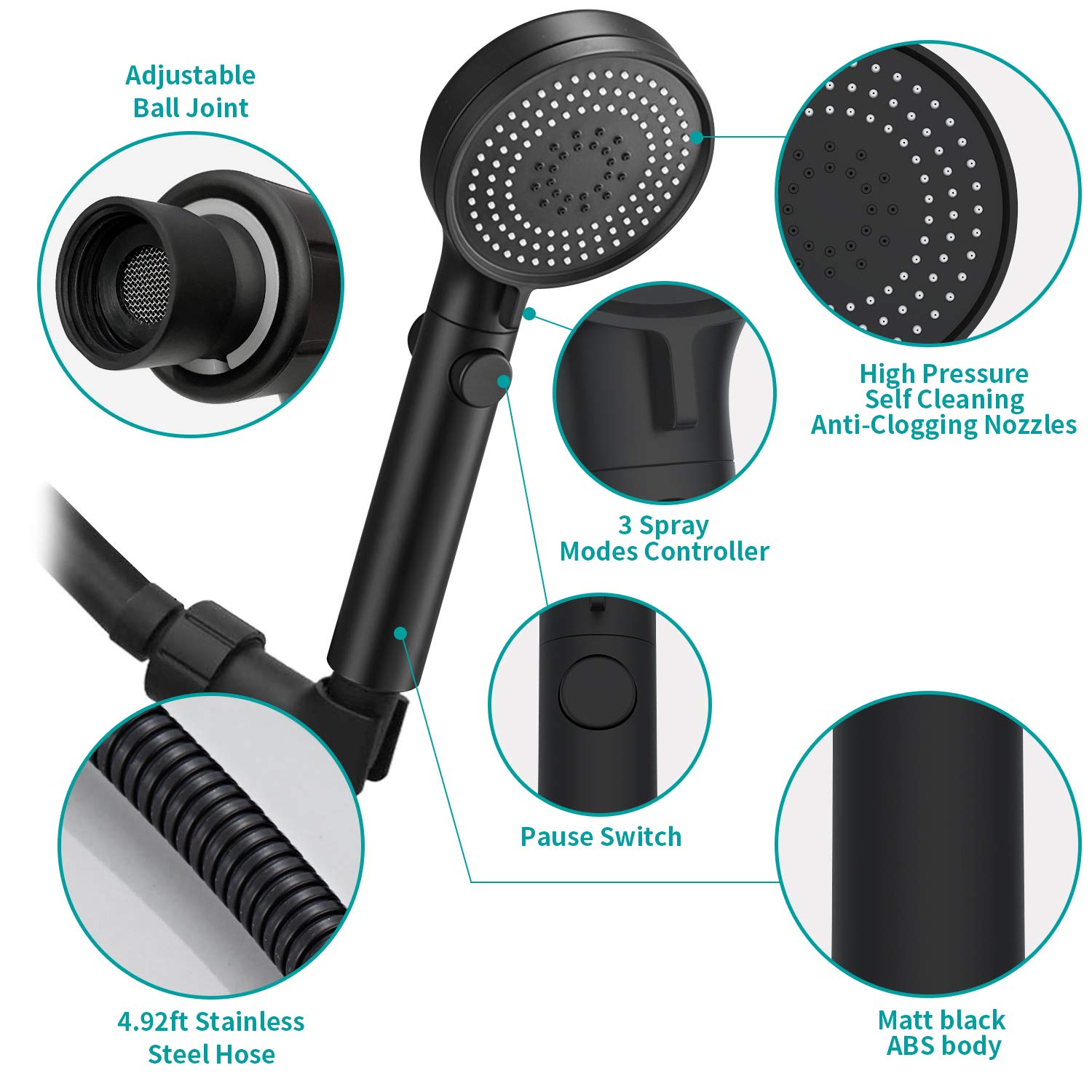 MIAOHUI Soffione doccia con tubo flessibile e interruttore on/off, soffione doccia portatile ad alta pressione a 3 impostazioni, soffione doccia rimovibile con tubo, staffa angolare regolabile,