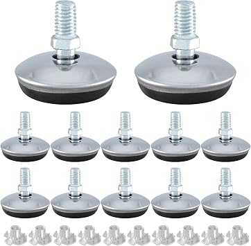 Bivethoi 12 Pack M8 Swivel Furniture Leveling Feet Table Leg Levelers, Adjustable Leveling Feet Heavy Duty Sofa Feet with T Nut, Threaded Swivel Foot Pads Chair Glides, 1-9/16 Inch OD