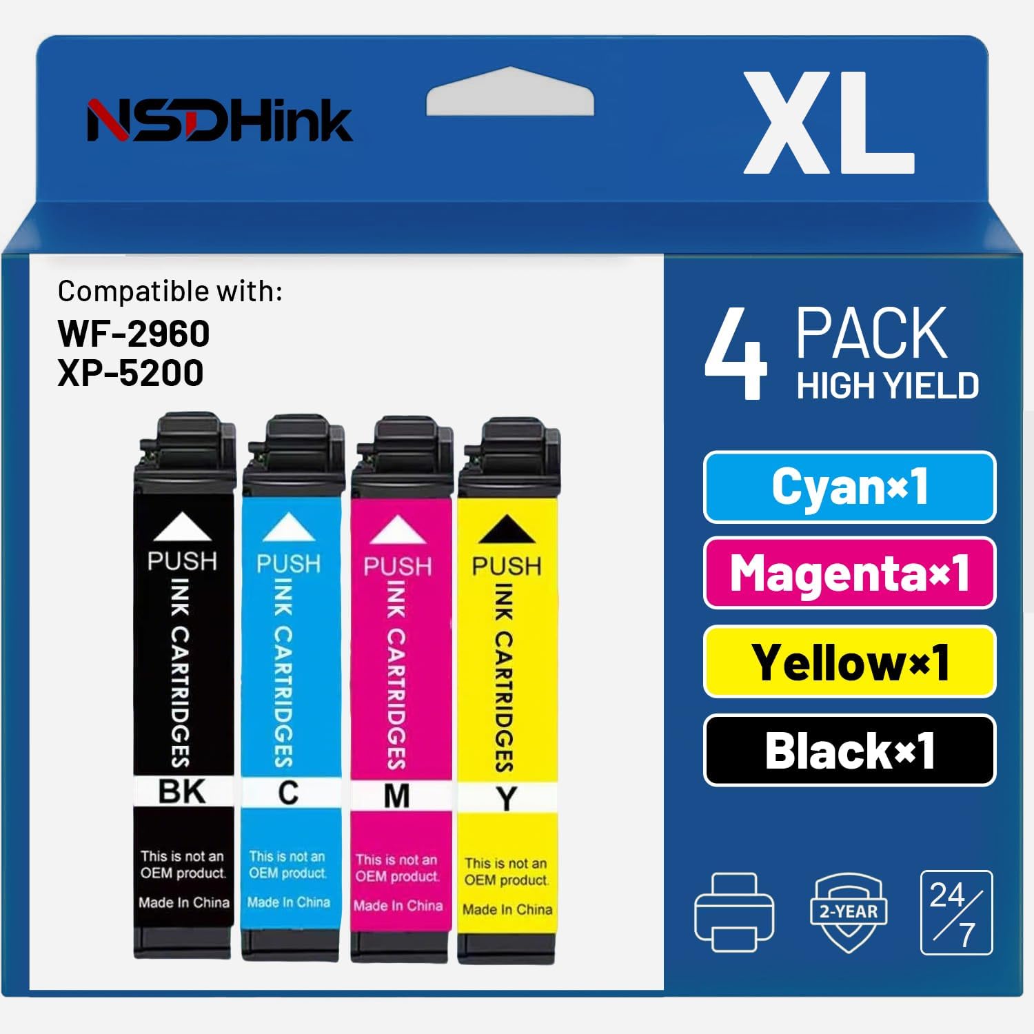 Remanufactured 222XL Ink Cartridges Replacement for Epson Ink 222XL Cartridges Combo Pack Work for Expression Home XP-5200 Workforce WF-2960 Printer (4 Pack)