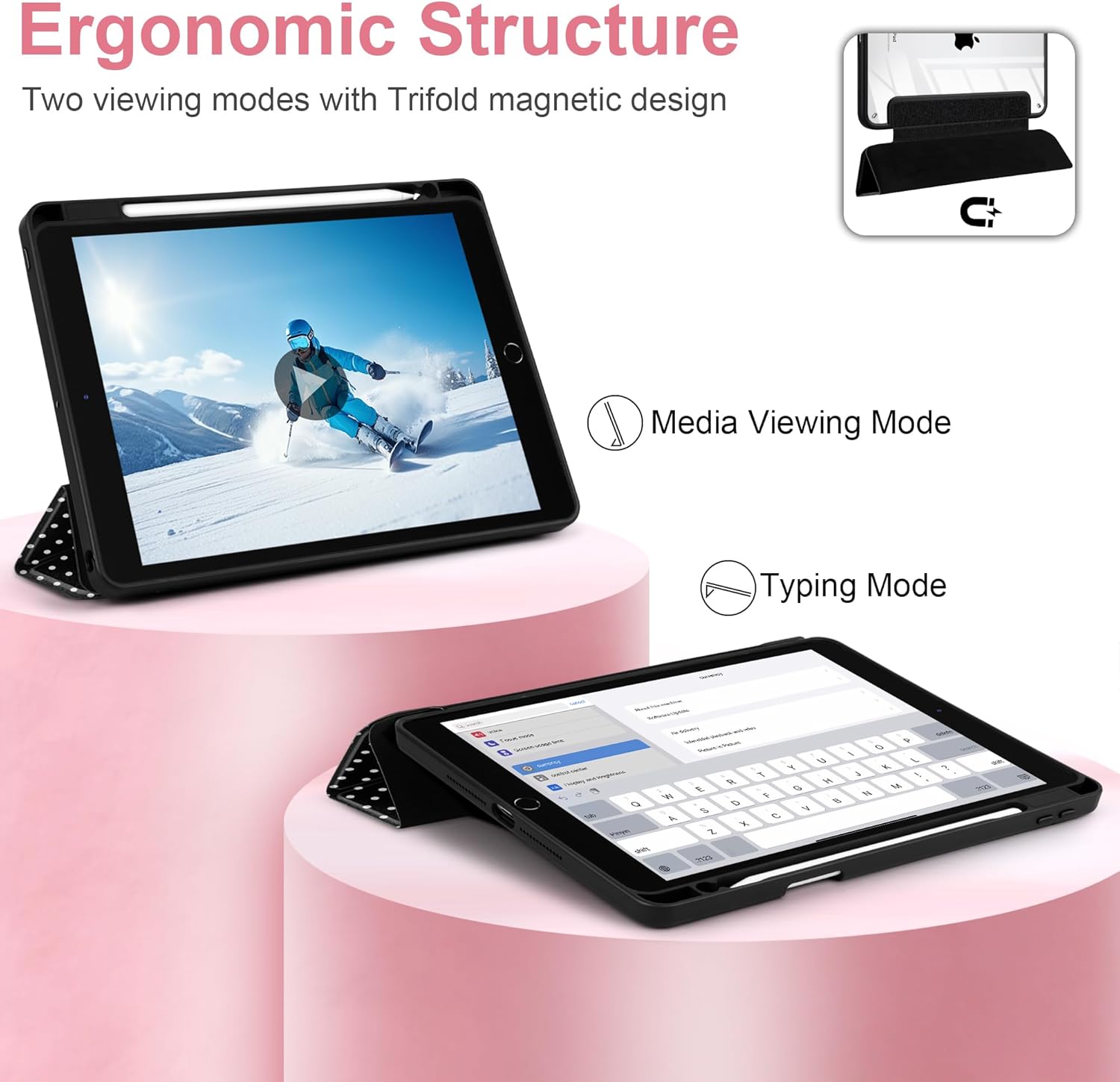 MEEgoodo Case for iPad 10.2 inch,Tablet Cases for iPad 9th Generation 2021/8th Gen 2020/7th Gen 2019 with Clear Acrylic Back Shell+Pencil Holder+Auto Wake/Sleep+Trifold Stand, White Polka Dot