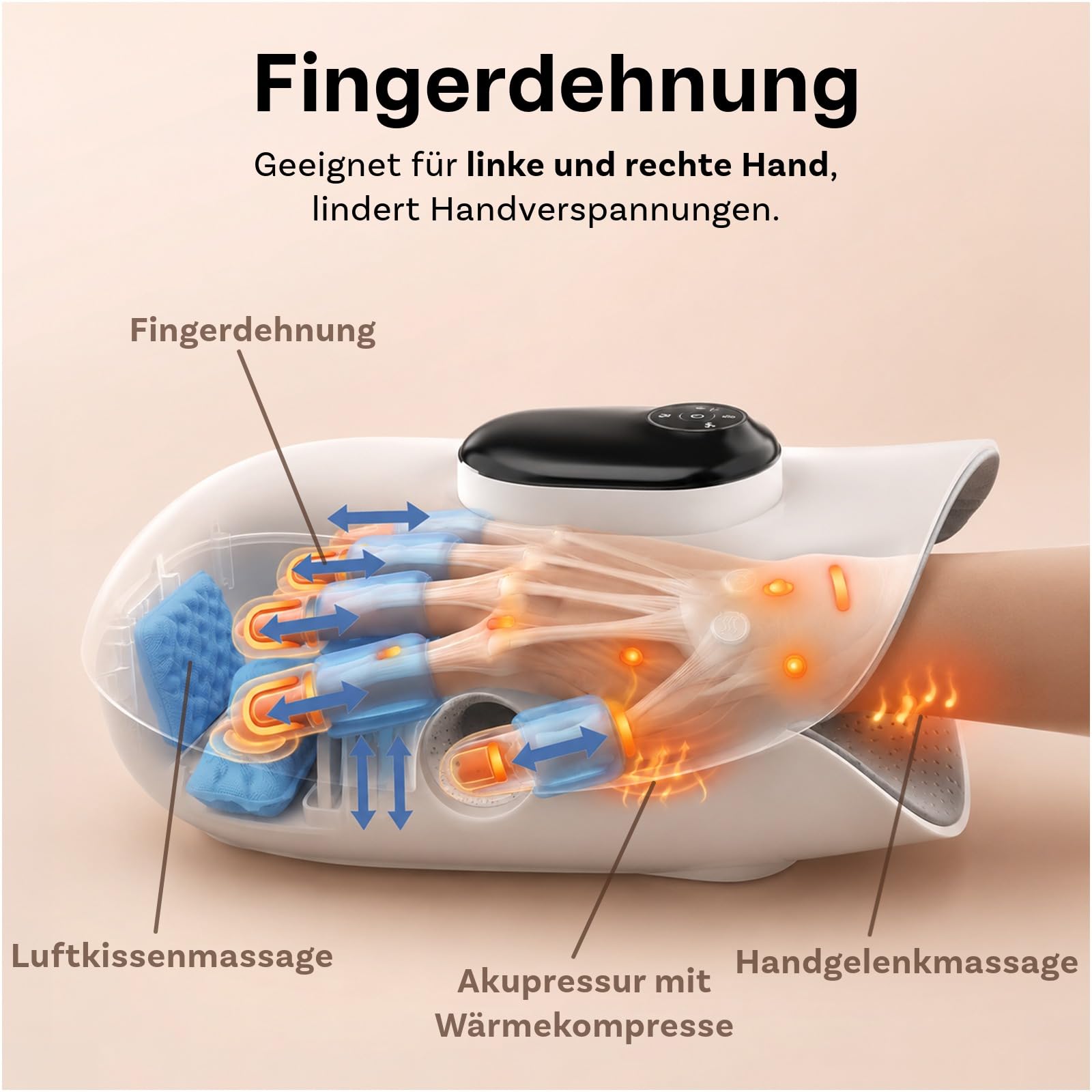 Handmassagegerät mit Wärme und Kompression von MMOBIEL – Kabelloses Smart Handmassager für Arthritis & Karpaltunnelsyndrom mit Fingerstreckung, 3 Wärmestufen & 5 Intensitäten – Geschenk für Frau/Mann