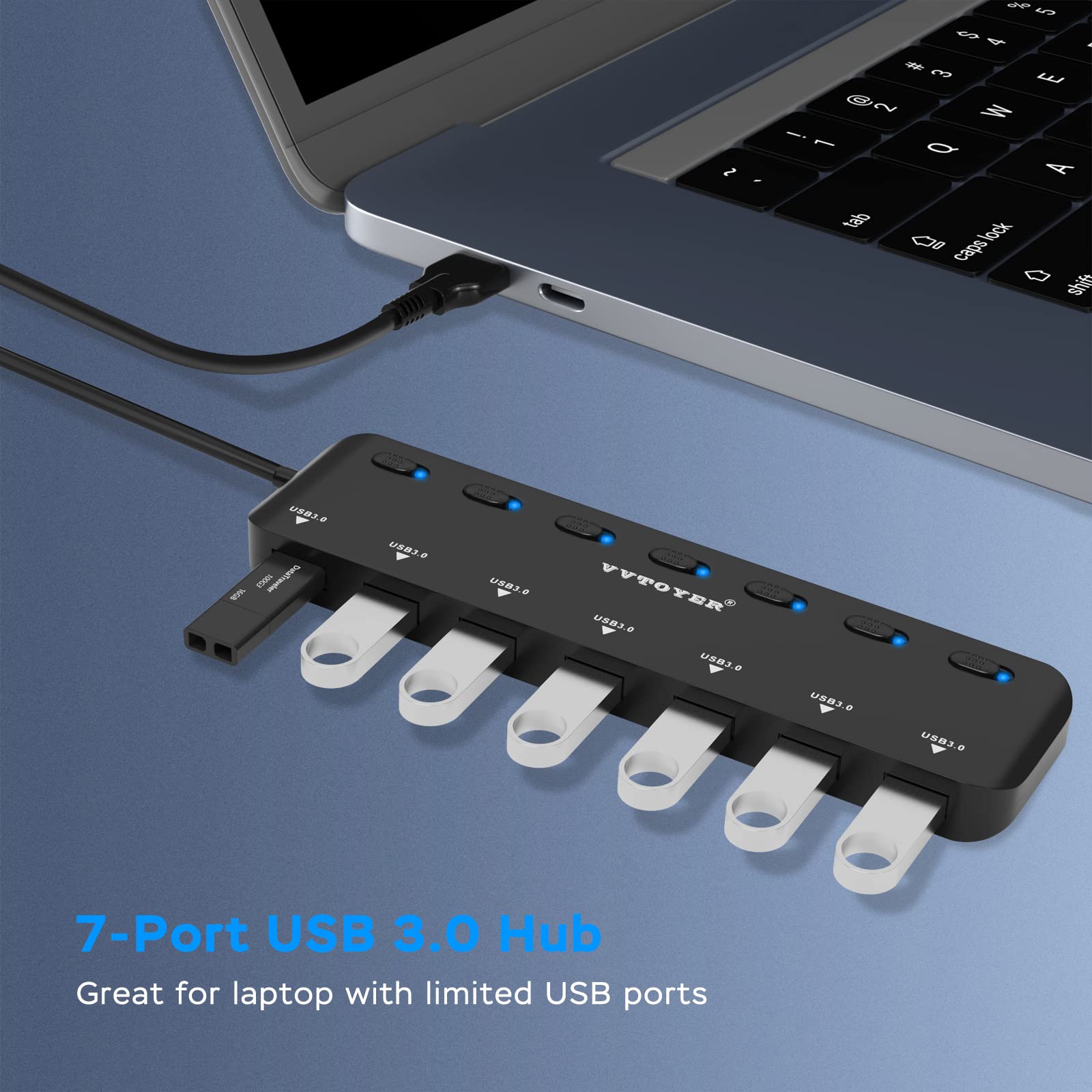 USB Hub 3.0 Splitter, 7-Port USB Extender für Laptop, VVTOYER USB Multiport Adapter Expander mit Individuelle Netzschalter und 23,6 Zoll langes Kabel