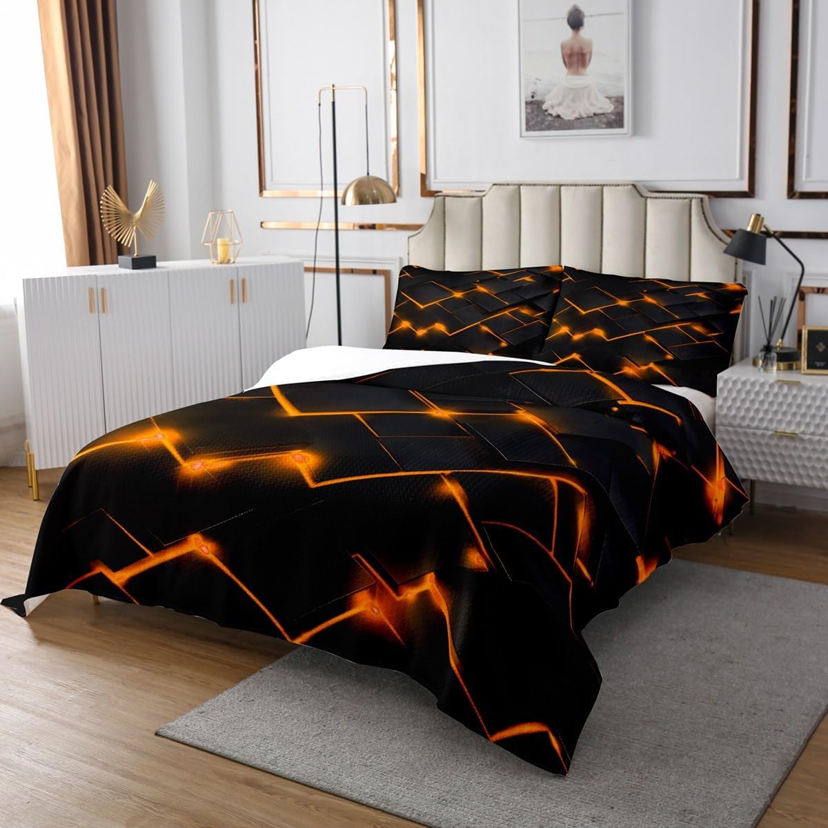 Erosebridal Orange Black Quilt Set for Kids Teens Adults, Neon Geometric Queen Bedspread Set with 2 Pillowcases, 3D Stereoscopic Square Pattern Coverlet Set, Modern Fashion Bed Set