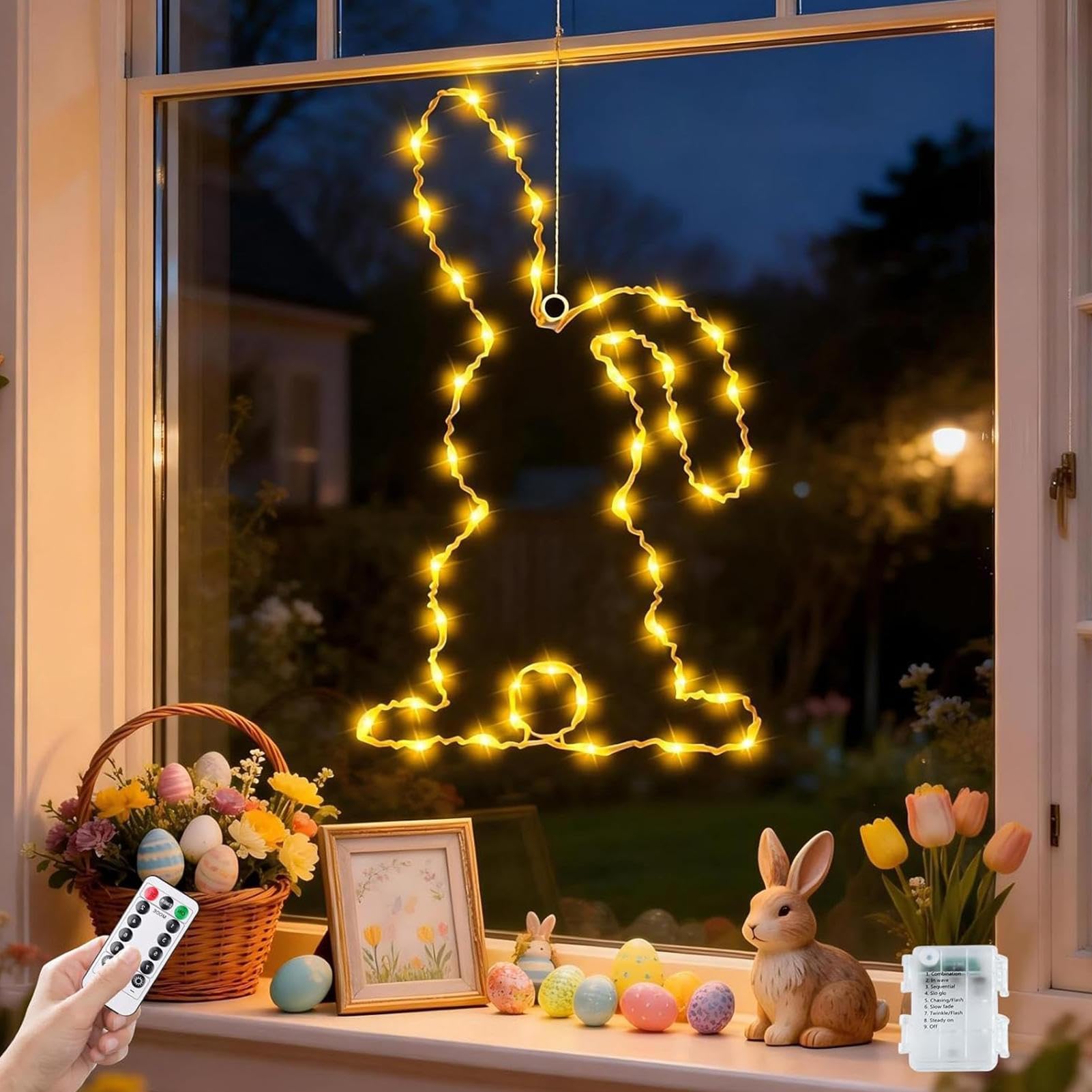 Easter Bunny Window Light, Easter Decoration Hanging Lights with Timing Function & 8 Dynamic Lighting Effects, Battery Operated, Holiday Indoor Decor