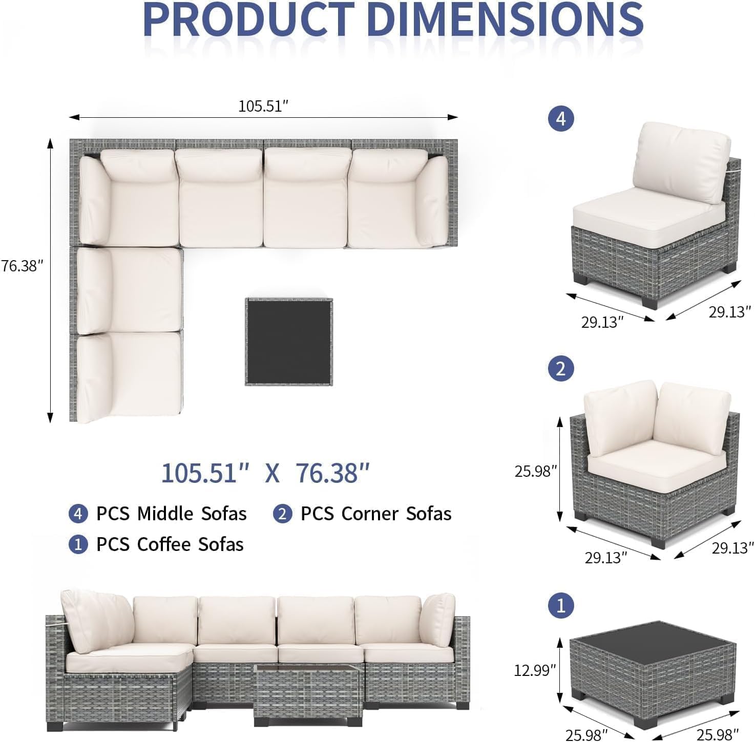 Product dimensions and components of the KOKEBREN patio set
