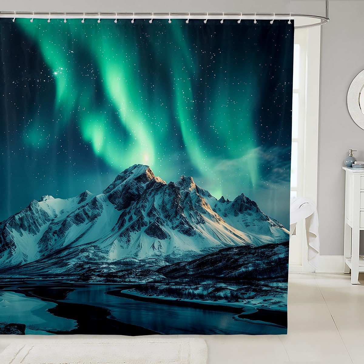 Erosebridal Aurora Borealis Fabric Shower Curtain Northern Lights Shower Curtain Aurora Snow Mountain Waterproof Bathroom Curtains Galaxy Colorful Square Bathroom Shower Curtain Sets 72" Wx78 L