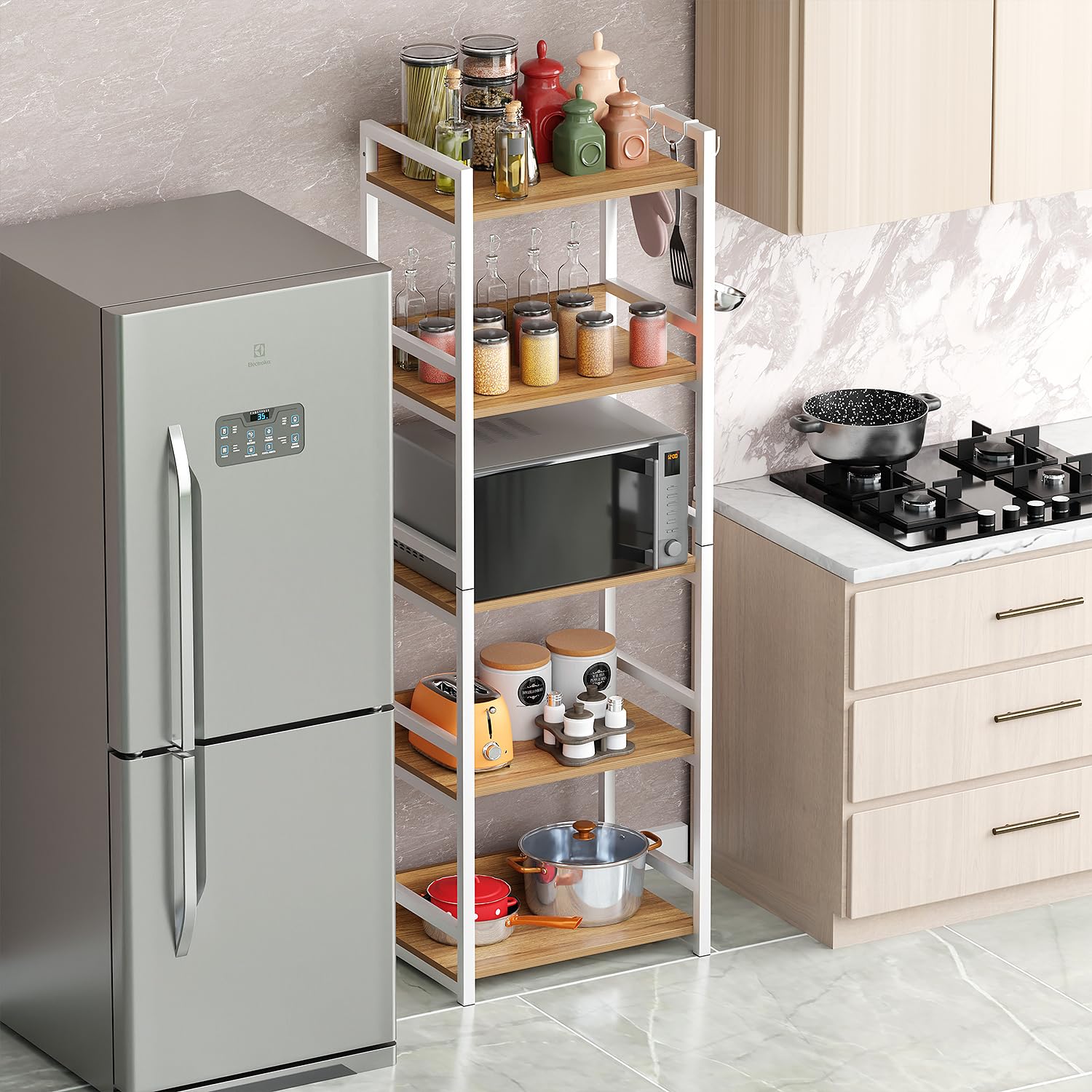 Lukzer | MKR-005 | White | 5-Layer Multipurpose Storage Rack – Heavy-Duty Metal & Wood Shelf Organizer with Hooks & Anti-Slip Footpads for Kitchen, Bedroom, Office & Bathroom | 166 x 60 x 39 cm - Image 6 thumbnail