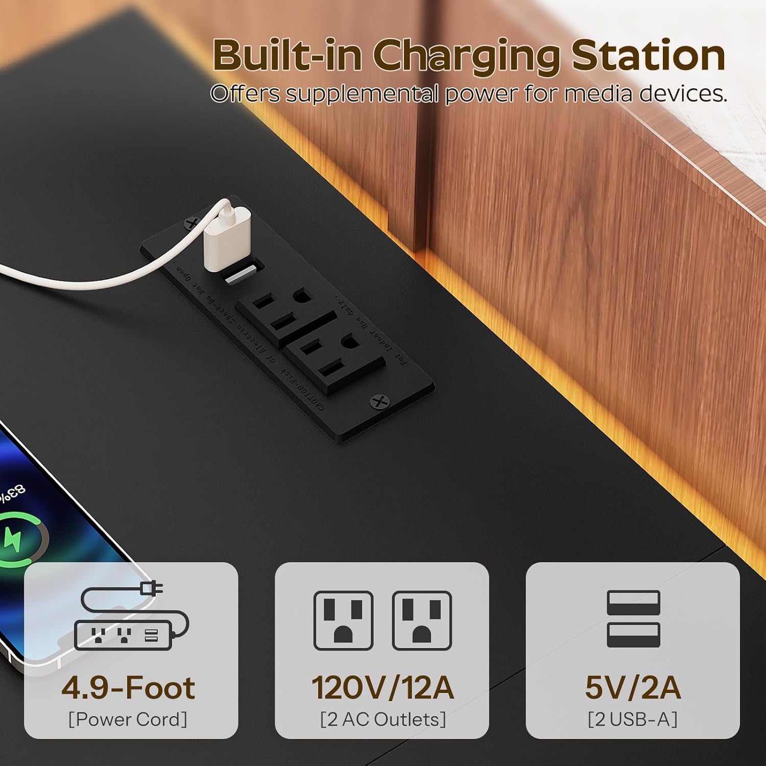 TV Stand with LED Light and Power Outlets, Entertainment Center with Fabric Drawers and Open Shelves, 41.7" TV Cabinet for TVs up to 45 Inch, Media Console for Living Room, Bedroom, DS03UDBB - Image 5