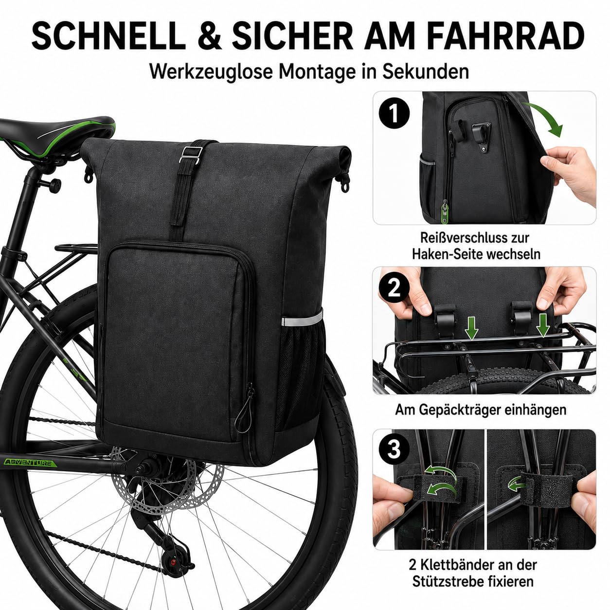 Alforja para bicicleta 2 en 1, portaequipajes y mochila, impermeable, con soporte de liberación rápida, para uso diario y excursiones (negro, 30 L)