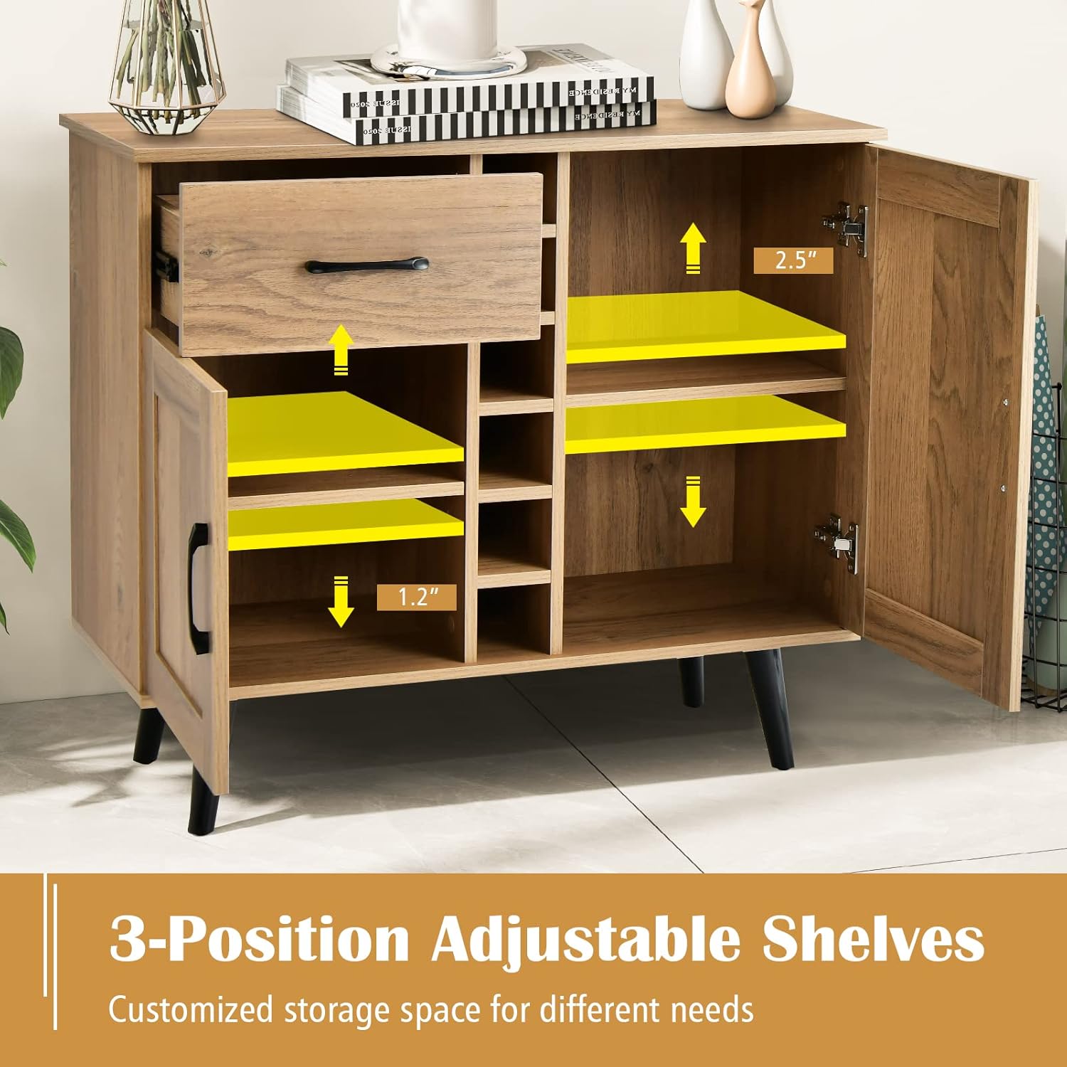 GOFLAME Wine Bar Cabinet, Buffet Sideboard with 2 Doors & 1 Drawer, 6-Bottle Wine Rack, Adjustable Shelves, Cupboard with Storage for Kitchen, Living Room, Natural