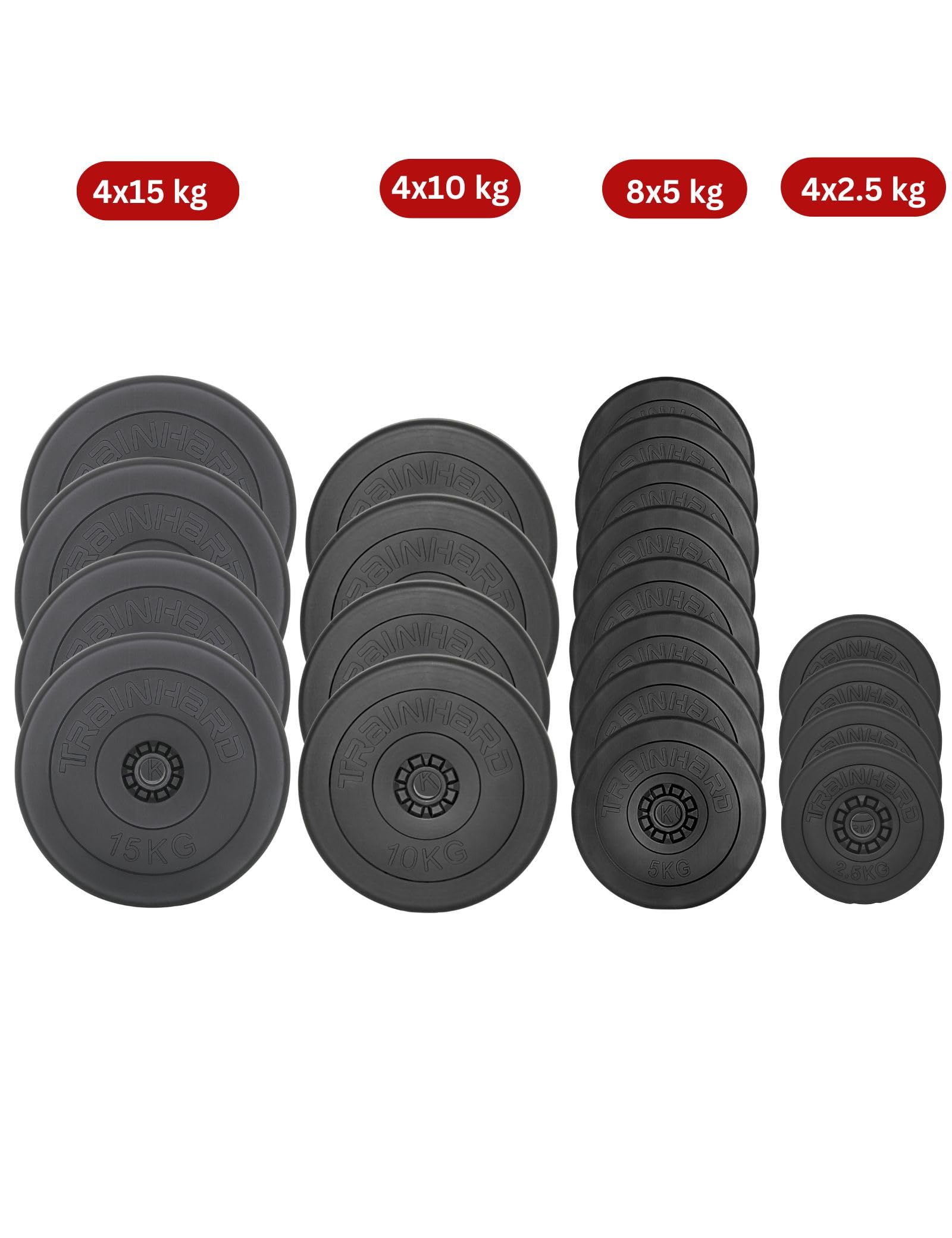 TrainHard Zestaw hantli 150 kg składający się z długiej sztangi 1,6 m, sztanga łamana 1,3 m, 2 x 45 cm krótki drążek i krążki do hantli (4 x 2,5 kg, 8 x 5 kg, 4 x 10 kg, 4 x 15 kg)