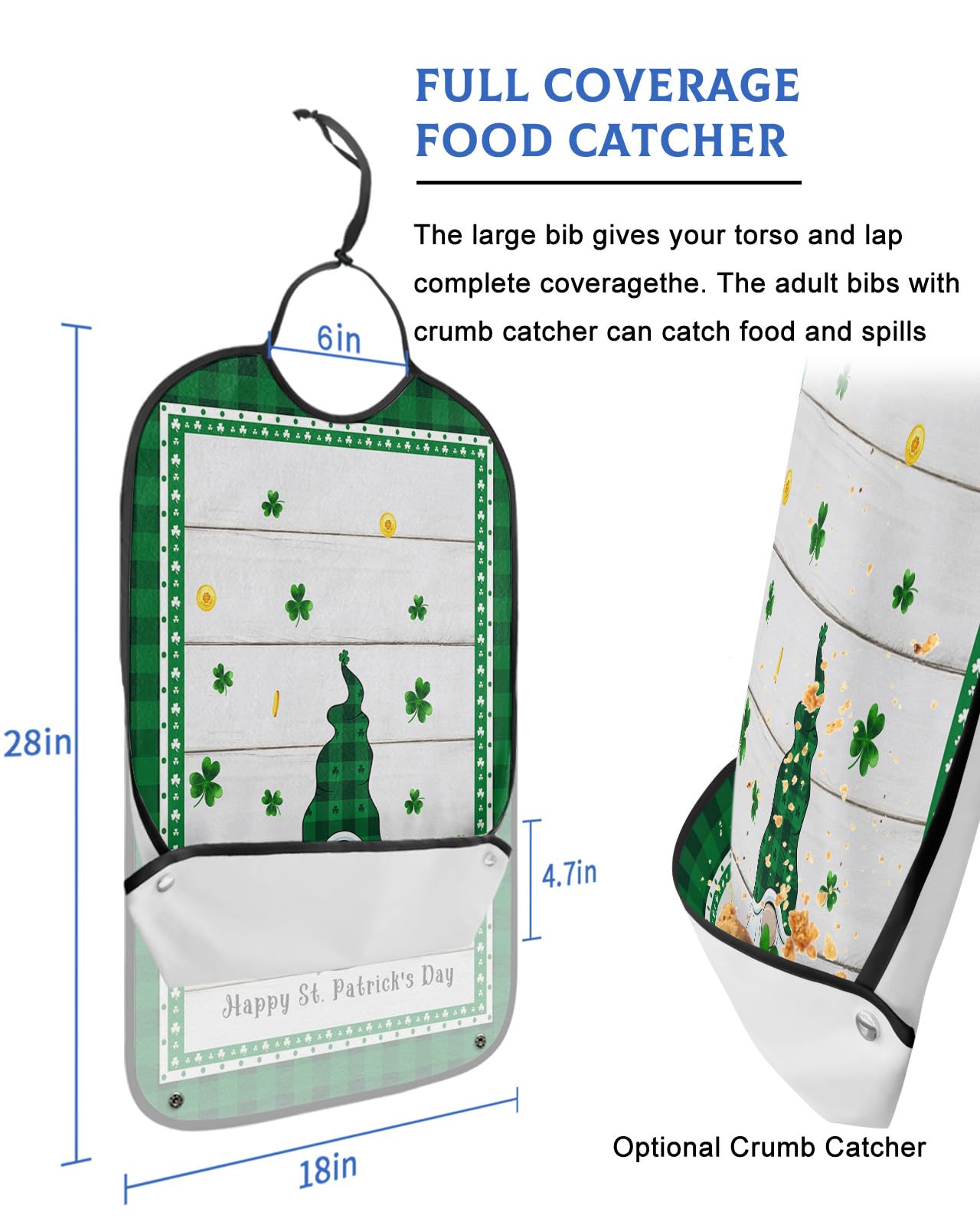 St. Patrick's Day Adult Bibs for Eating, Waterproof Bibs with Food Catcher & Adjustable Snap Closure, Green Buffalo Plaid Board Gnomes Clover Gold on Wood Clothing Protectors Adult Bibs for Elderly