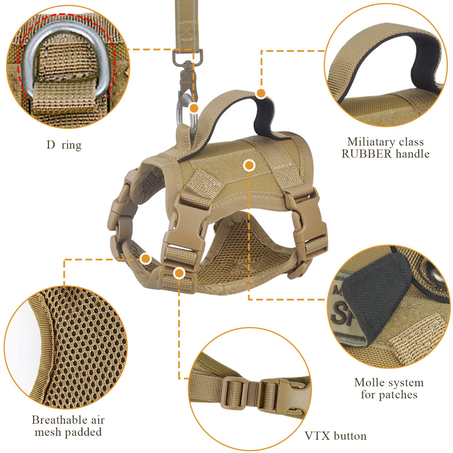 Taktisches Katzengeschirr zum Spazierengehen, ausbruchsicher, weiches Netzgewebe, verstellbar, Haustierweste, Geschirr für große Katzen, kleine Hunde und Khaki (Khaki, Medium)