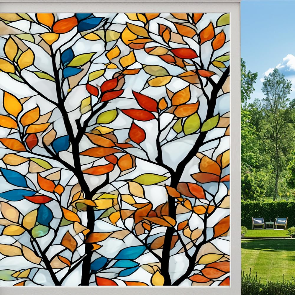 Pmlbaous Natural Leaves Stained Glass Window Film, Rustic Flower Branches Peel And Stick Privacy Film, Frosted Adhesive Vinyl Decorative For Bathroom Windows Glass Doors, （80X120cm）