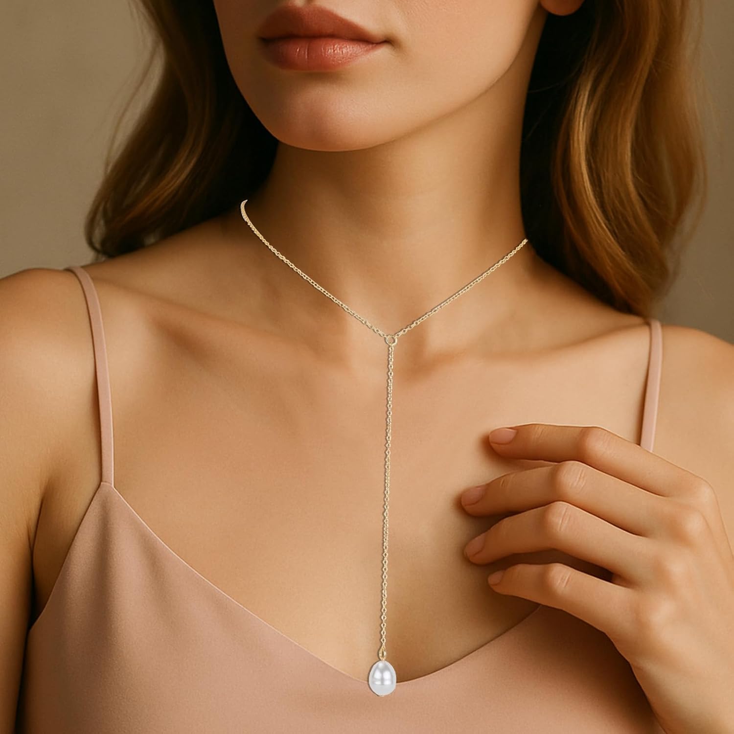 Lariat Gold Necklace for Women, Dainty Gold Long Pearl Drop Necklace Y-Shaped Choker Body Chain Non-Tarnish Trendy Pendant Chain Simple Jewelry Gift Summer Beach Accessories - Image 6