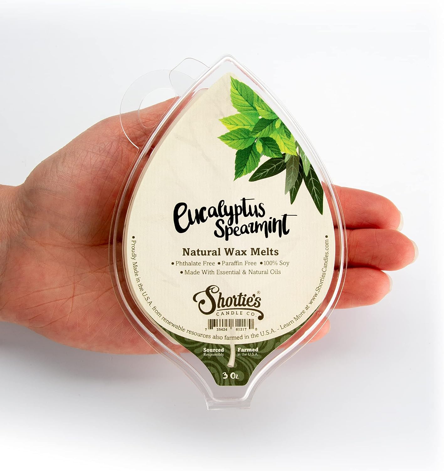 Shortie's Candle Company Eucalyptus Spearmint Natural Soy Wax Melts - 1 Highly Scented 3 Oz. Bar - Made with 100% Soy and Essential Fragrance Oils - Phthalate & Paraffin Free, Vegan, Non-Toxic