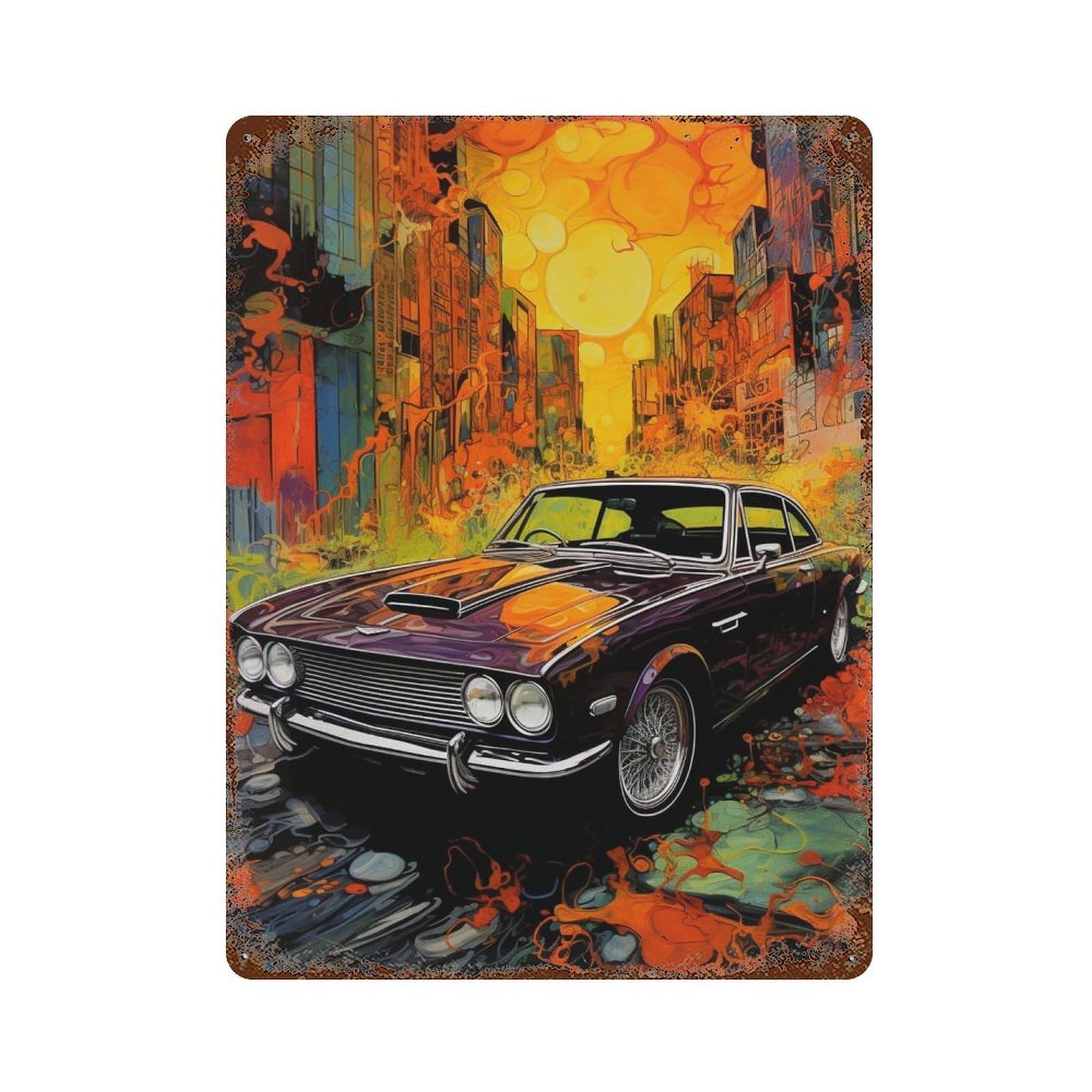 Vibrant Cityscape with Classic Car -1 Decorative Tin Sign 15.7"x11.8", Retro Wall Decor for Garage, Pub Or Kitchen