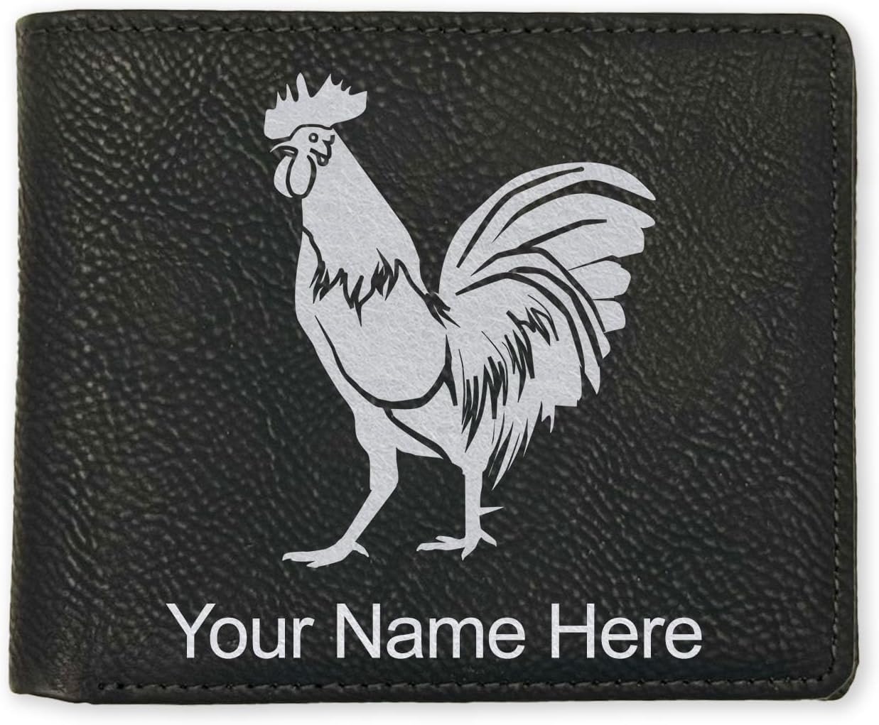 LaserGram Faux Leather Bi-Fold Wallet, Rooster, Personalized Engraving Included (Carbon Fiber Black with Silver)