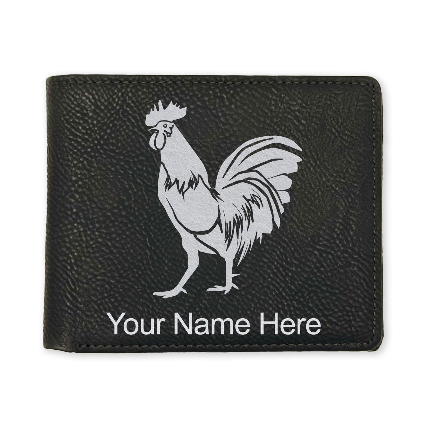 LaserGram Faux Leather Bi-Fold Wallet, Rooster, Personalized Engraving Included (Black with Silver)